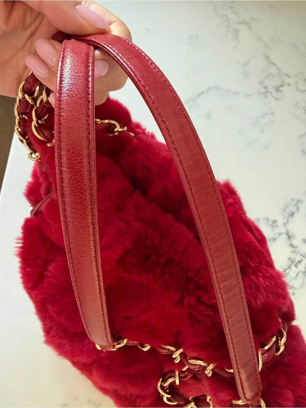 CHANEL Red Rabbit Fur Tote with Gold CC Charm and Chain Handles